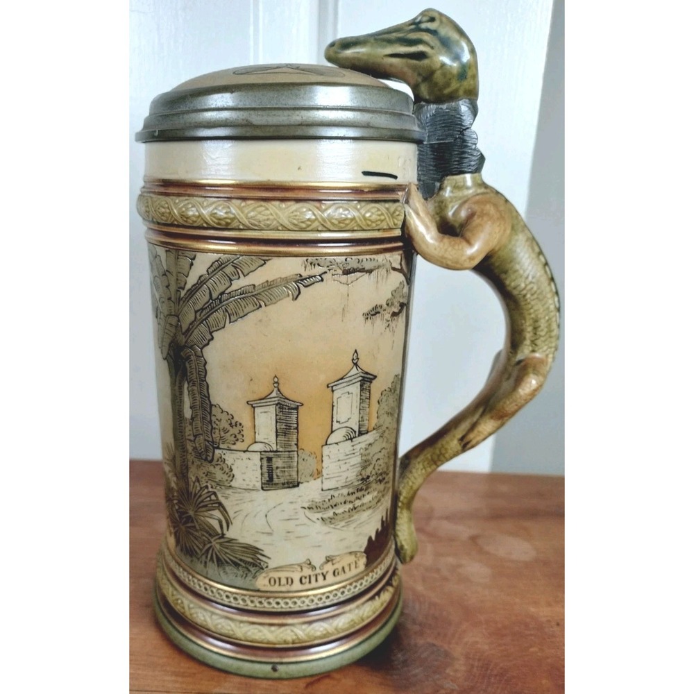 Antique 1890s Mettlach 2373 St Augustine Alligator Beer Stein 1/2L